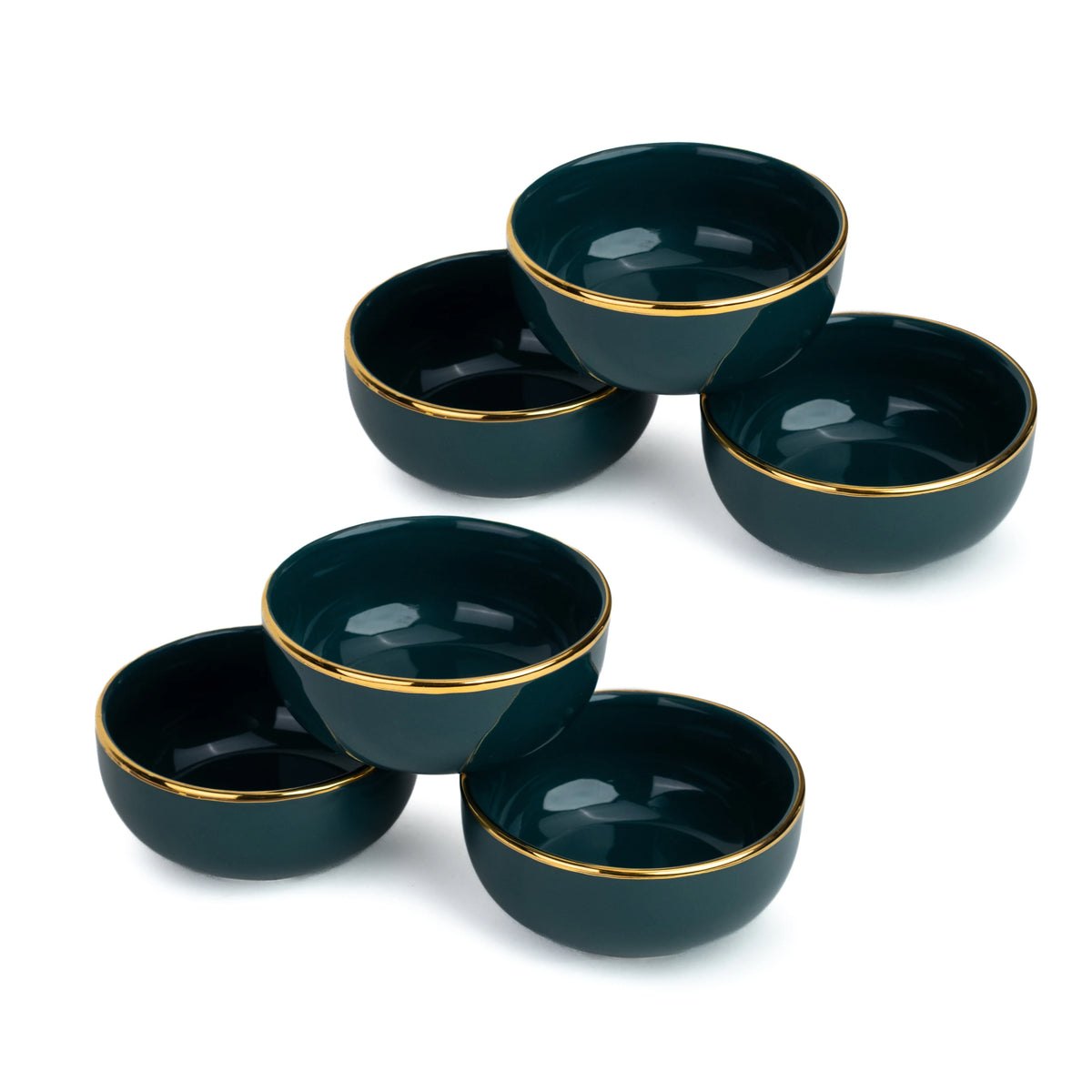 Set of six dark green bowls with gold rims on a white background