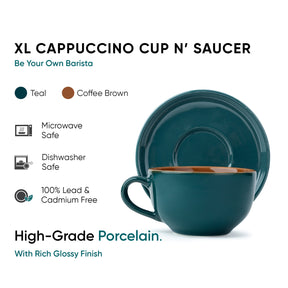 Large Teal Green Ceramic Coffee Cup & Saucer Set 320ml | XL Cuppa Collection