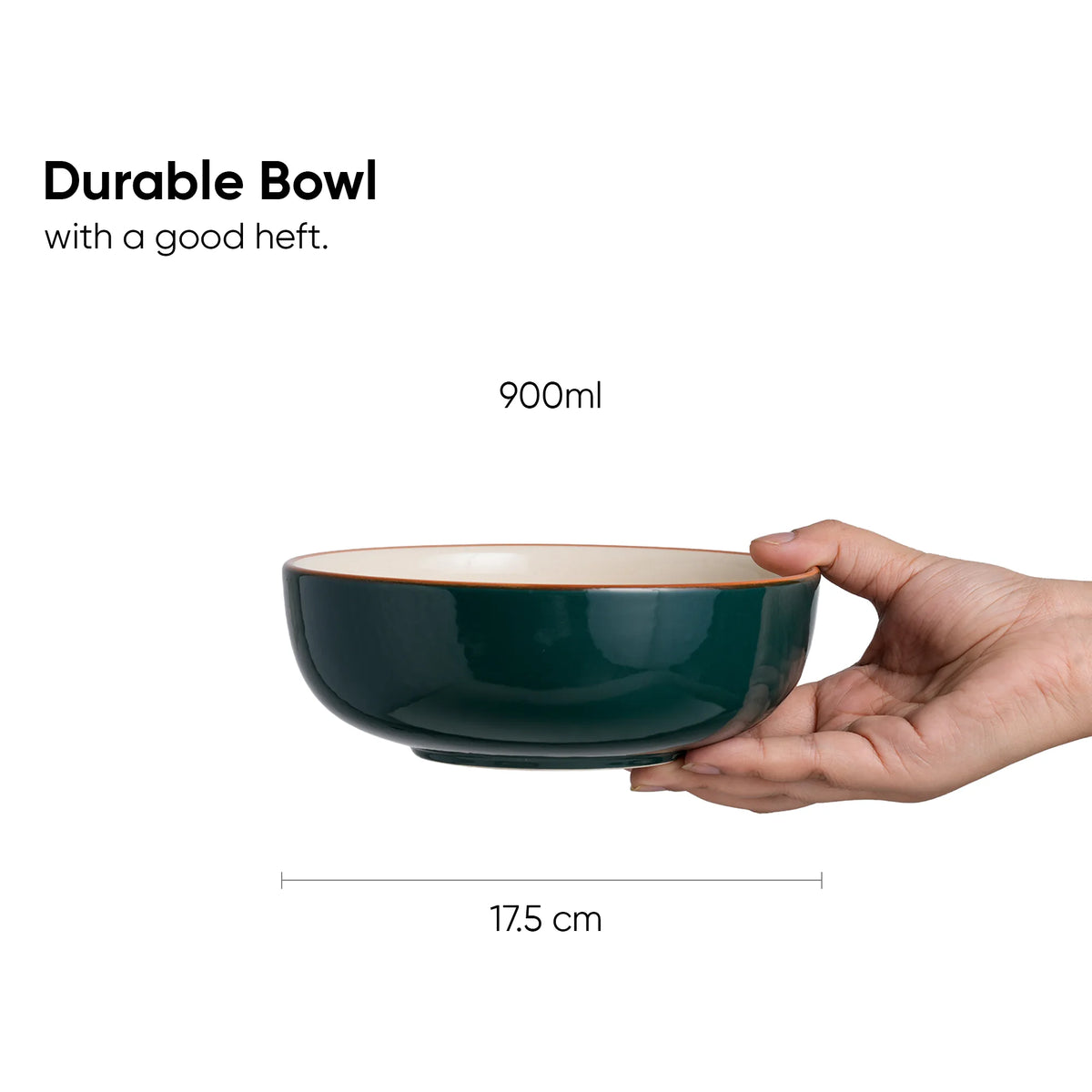 Hand holding a green bowl with text indicating its capacity and dimensions.