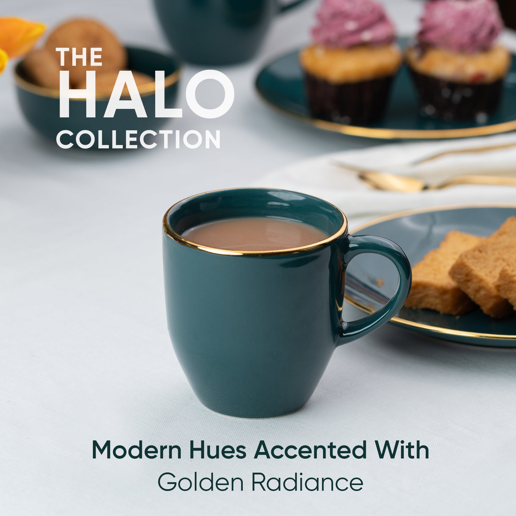 Ceramic Coffee Mug Set of 2, 300ml – Teal & Gold | Gold Line Collection