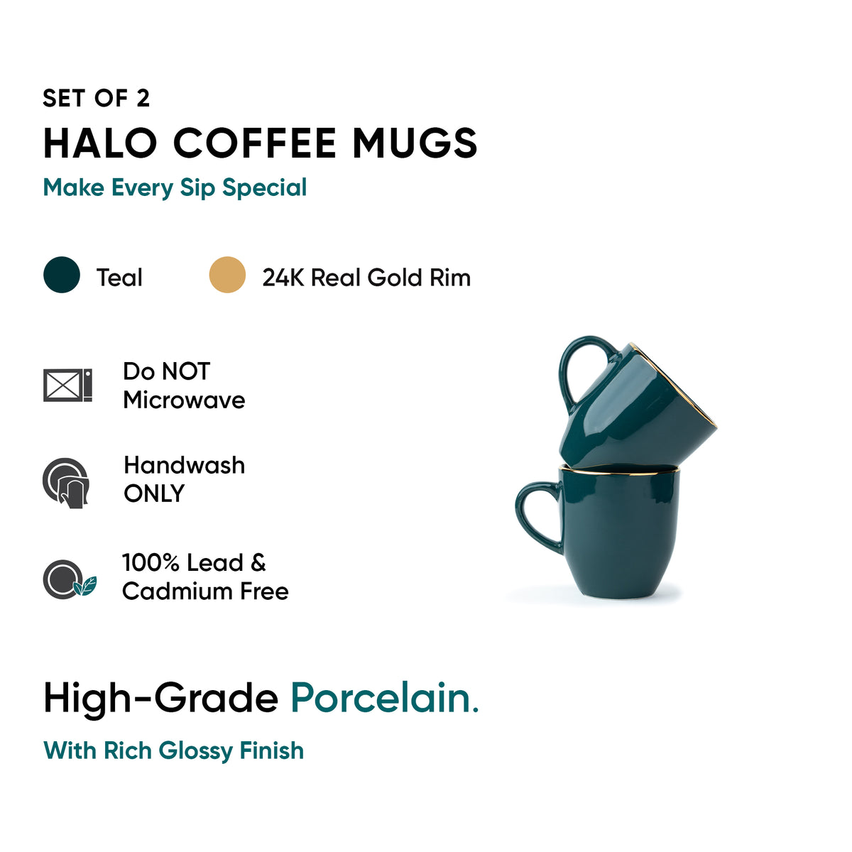 Ceramic Coffee Mug Set of 2, 300ml – Teal & Gold | Gold Line Collection