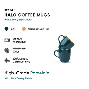 Ceramic Coffee Mug Set of 2, 300ml – Teal & Gold | Gold Line Collection