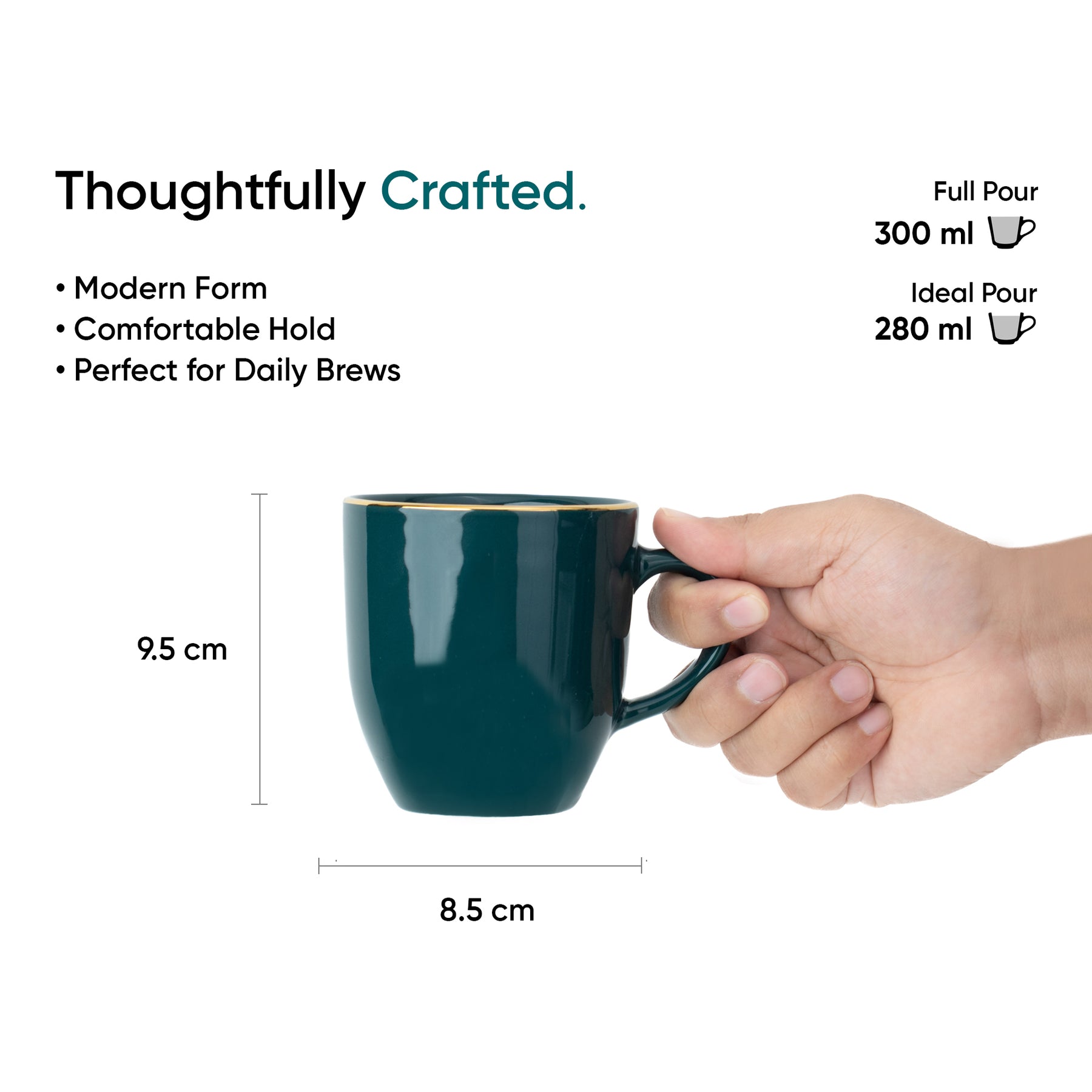 Ceramic Coffee Mug Set of 2, 300ml – Teal & Gold | Gold Line Collection