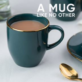 Ceramic Coffee Mug Set of 2, 300ml – Teal & Gold | Gold Line Collection