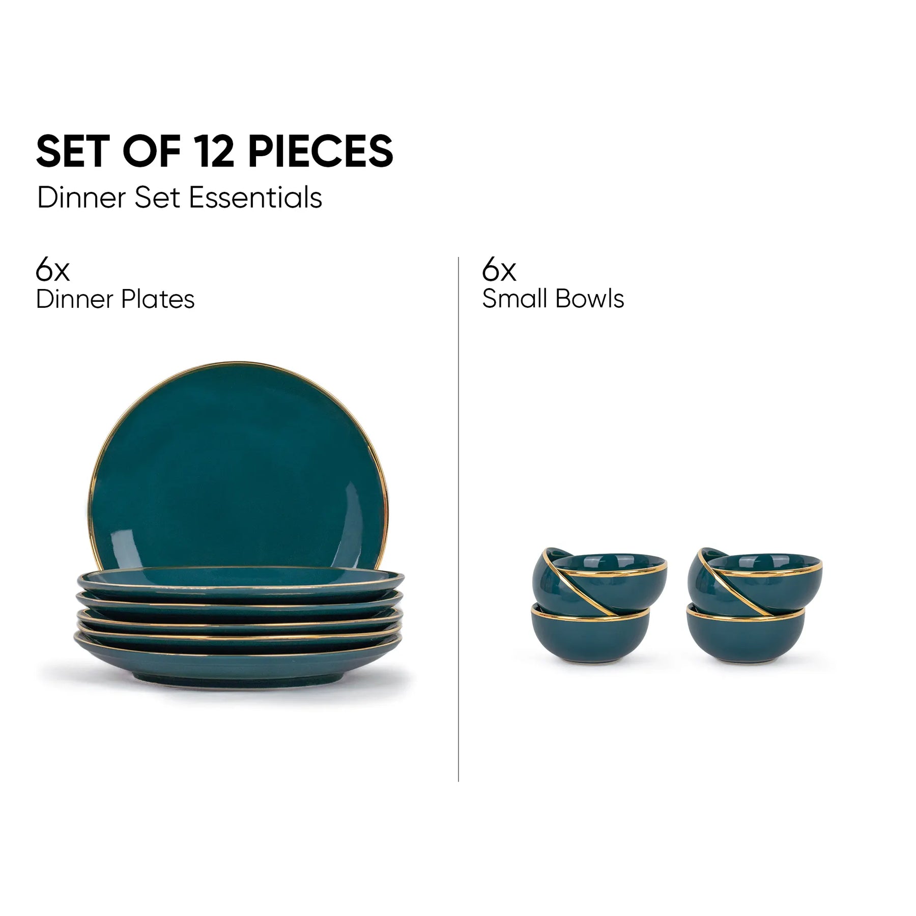 Teal dinnerware set with 6 dinner plates and 6 small bowls on a white background