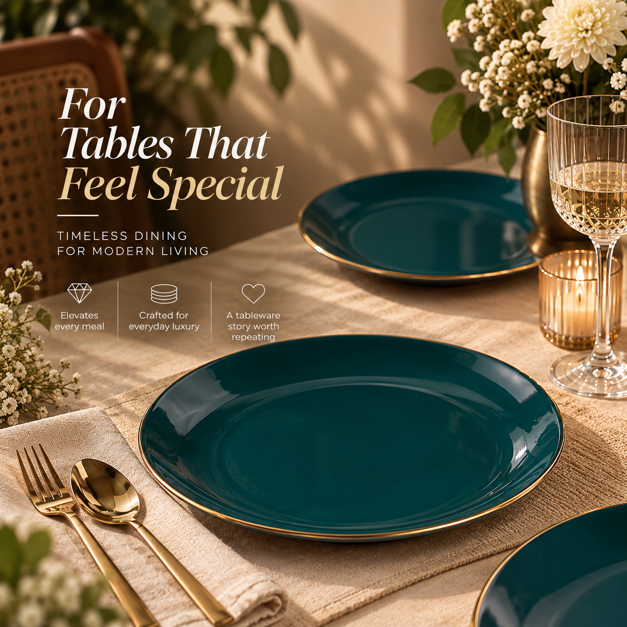 Ceramic Dinner Plates Set, 6 Pieces, Teal Gold, Goldline Collection