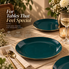 Ceramic Dinner Plates Set, 6 Pieces, Teal Gold, Goldline Collection