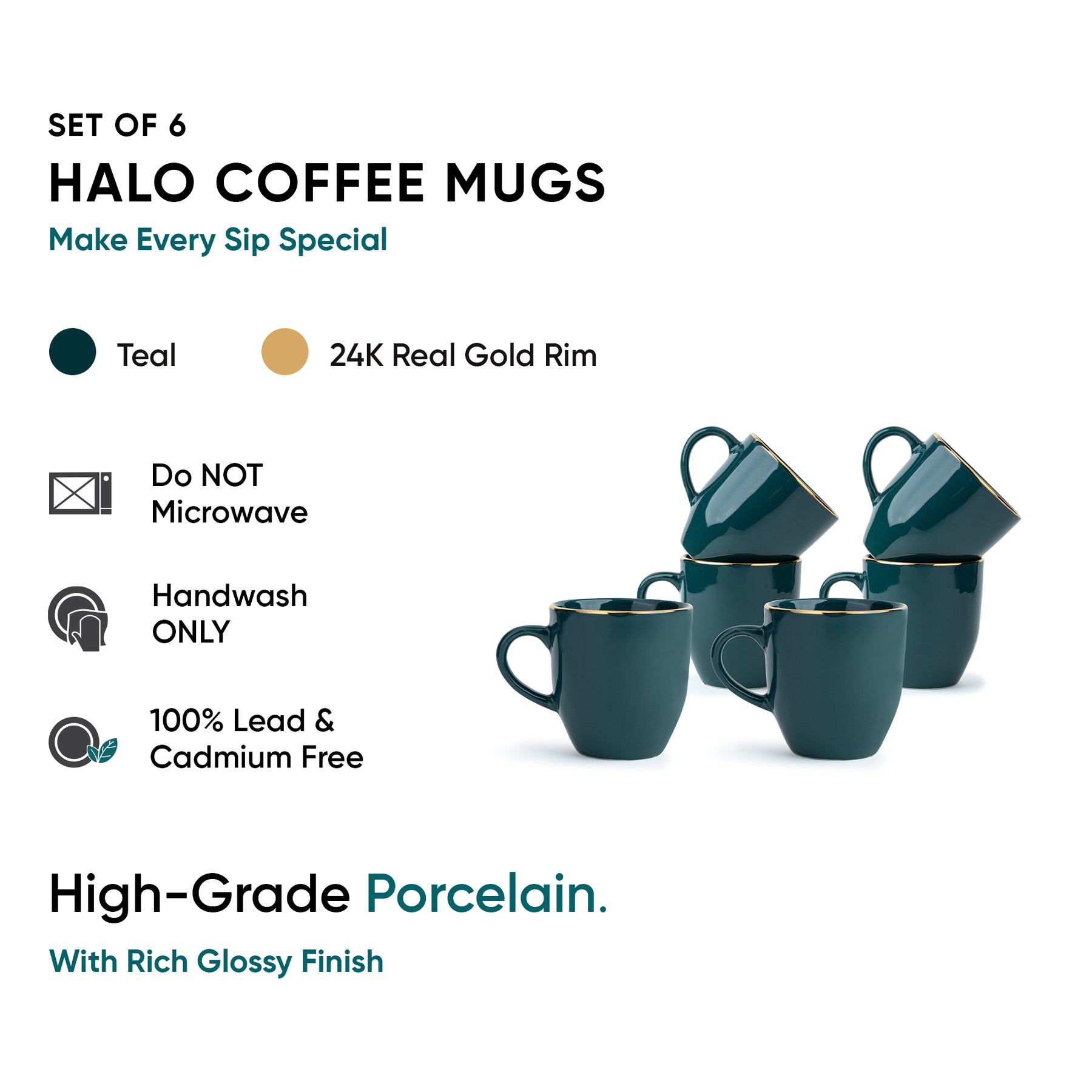 Ceramic Coffee Mug Set of 6, 300ml, Teal Gold | Gold Line Collection