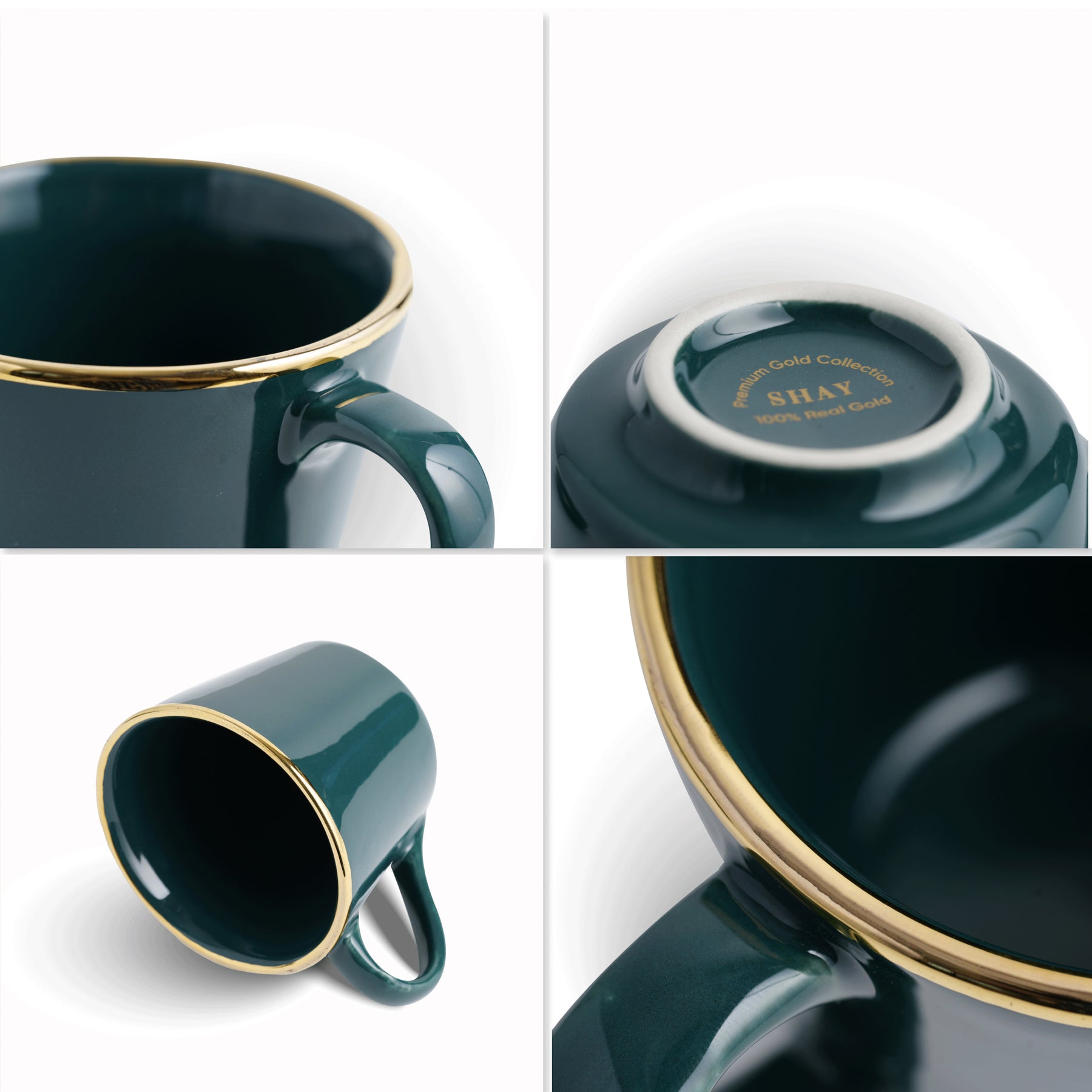 Ceramic Tea Cup Set of 6, 180 ml, Teal Green Gold Line
