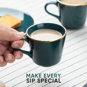 Ceramic Tea Cup Set of 6, 180 ml, Teal Green Gold Line