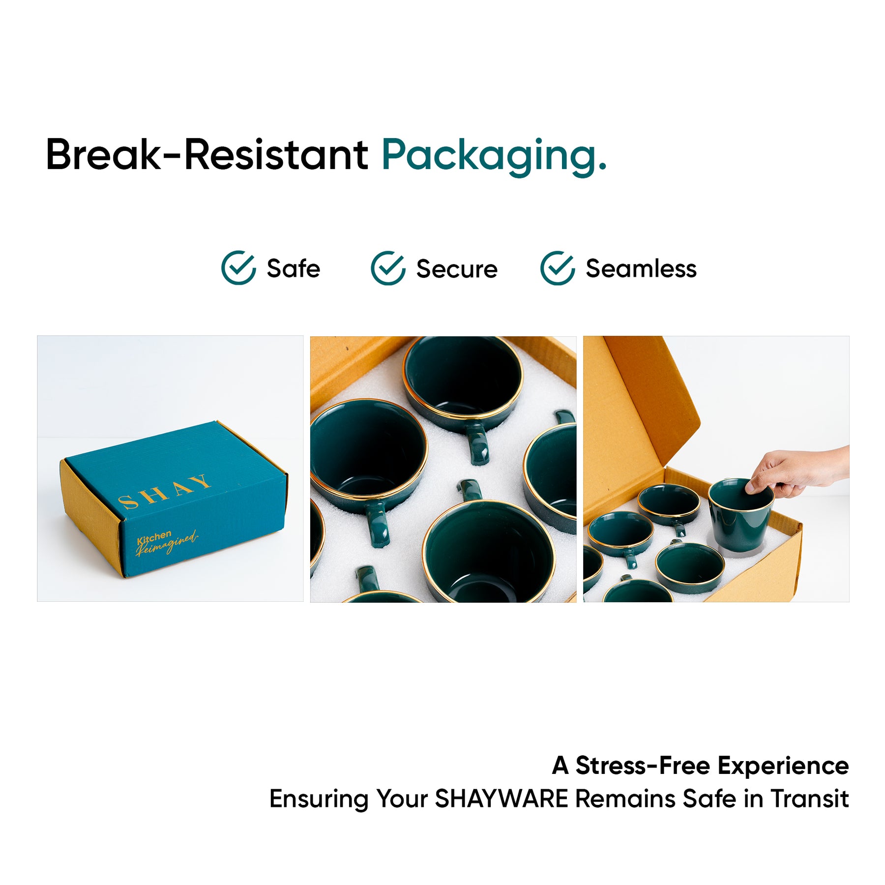 Ceramic Tea Cup Set of 6, 180 ml, Teal Green Gold Line