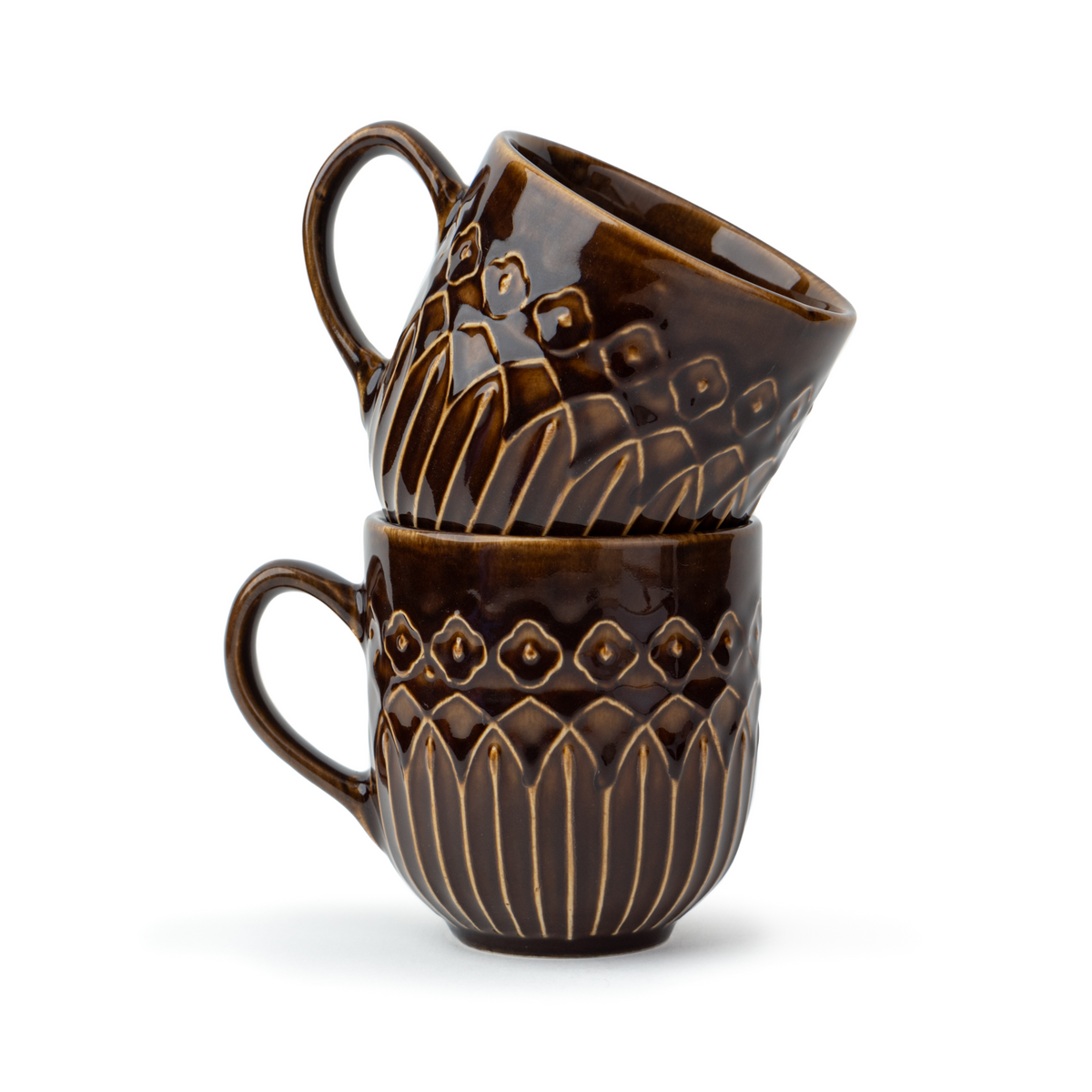 Ceramic Coffee Mug Set – Set of 2 | 330ml | Brown Carving | Glossy Finish | Porcelain Coffee Cup Set