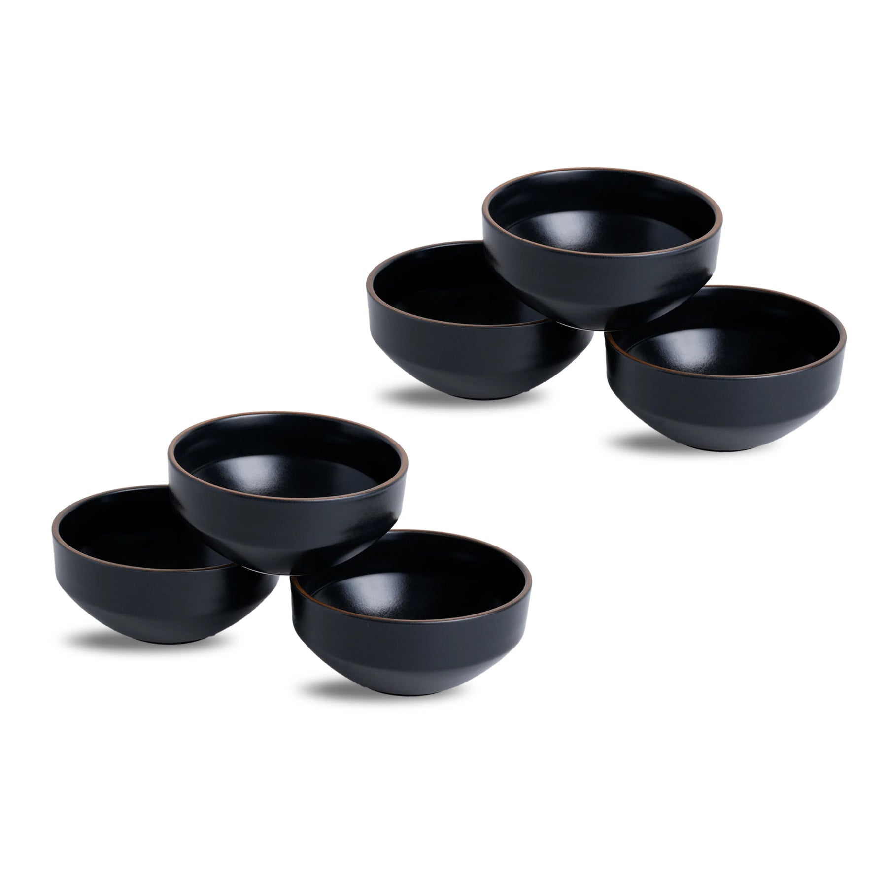 Set of six black ceramic bowls on a white background