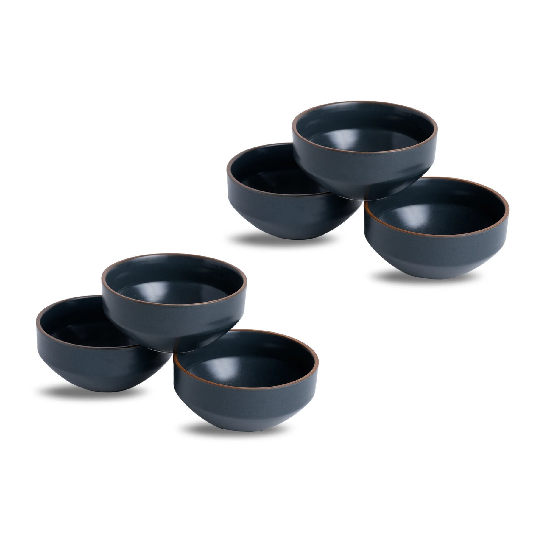 Set of five dark blue ceramic bowls on a white background