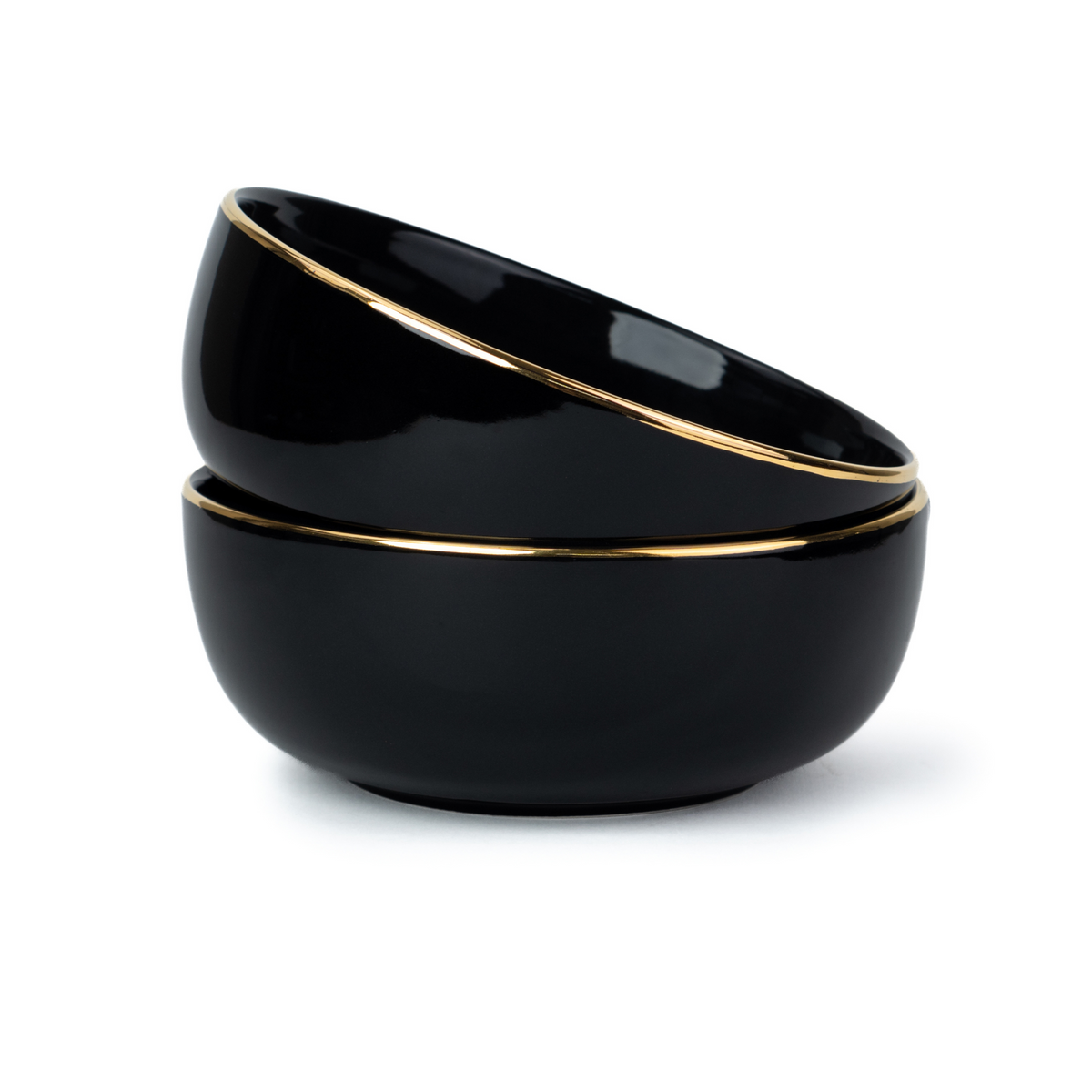 Ceramic Medium Serving Bowls Set, 1000ml, 2 Piece, Black Gold | Glossy Finish | Gold Line Collection