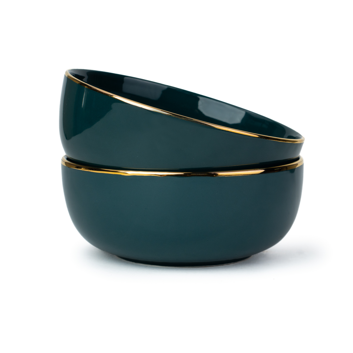 Ceramic Medium Serving Bowls Set, 1000ml, 2 Piece, Teal Gold | Glossy Finish | Gold Line Collection