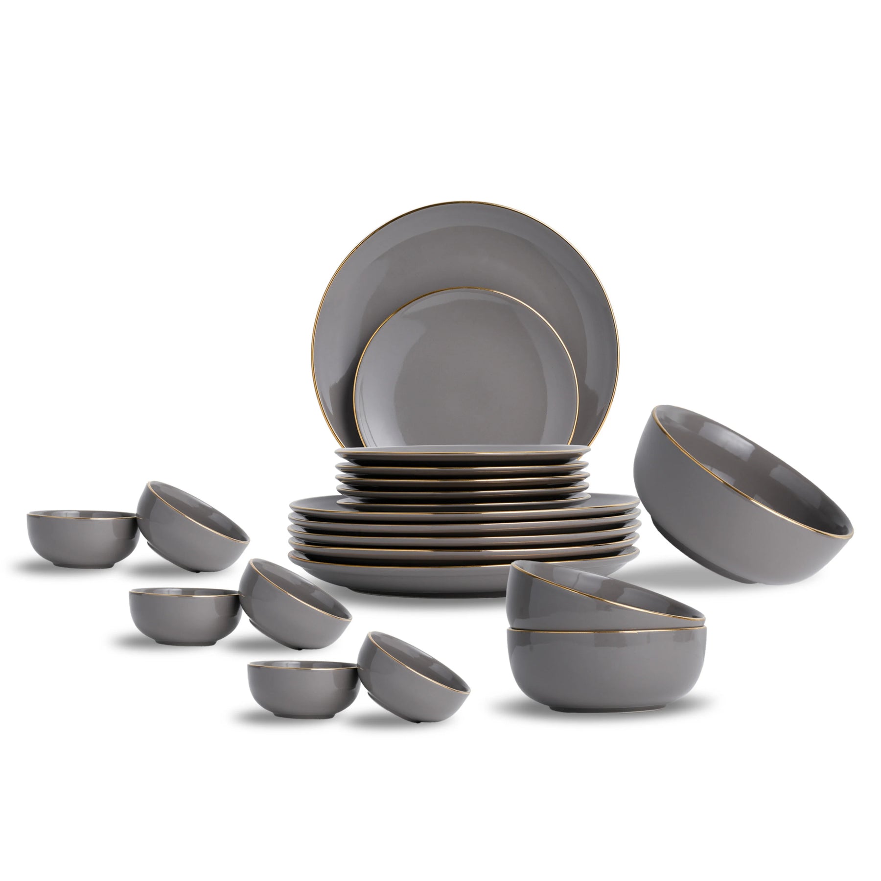 Set of gray ceramic dinnerware on a white background