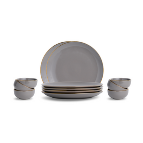 Ceramic Dinner Set – 12 Pieces | Grey Gold | Glossy Finish | Premium Ceramic | Real Gold Detailing | Goldline Series
