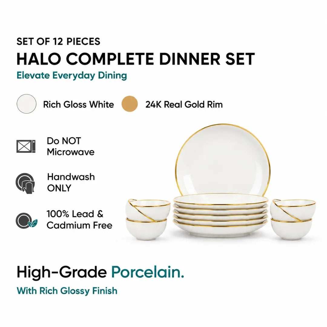 White Gold Ceramic Dinner Set – 12 Pieces | Gold Line Collection