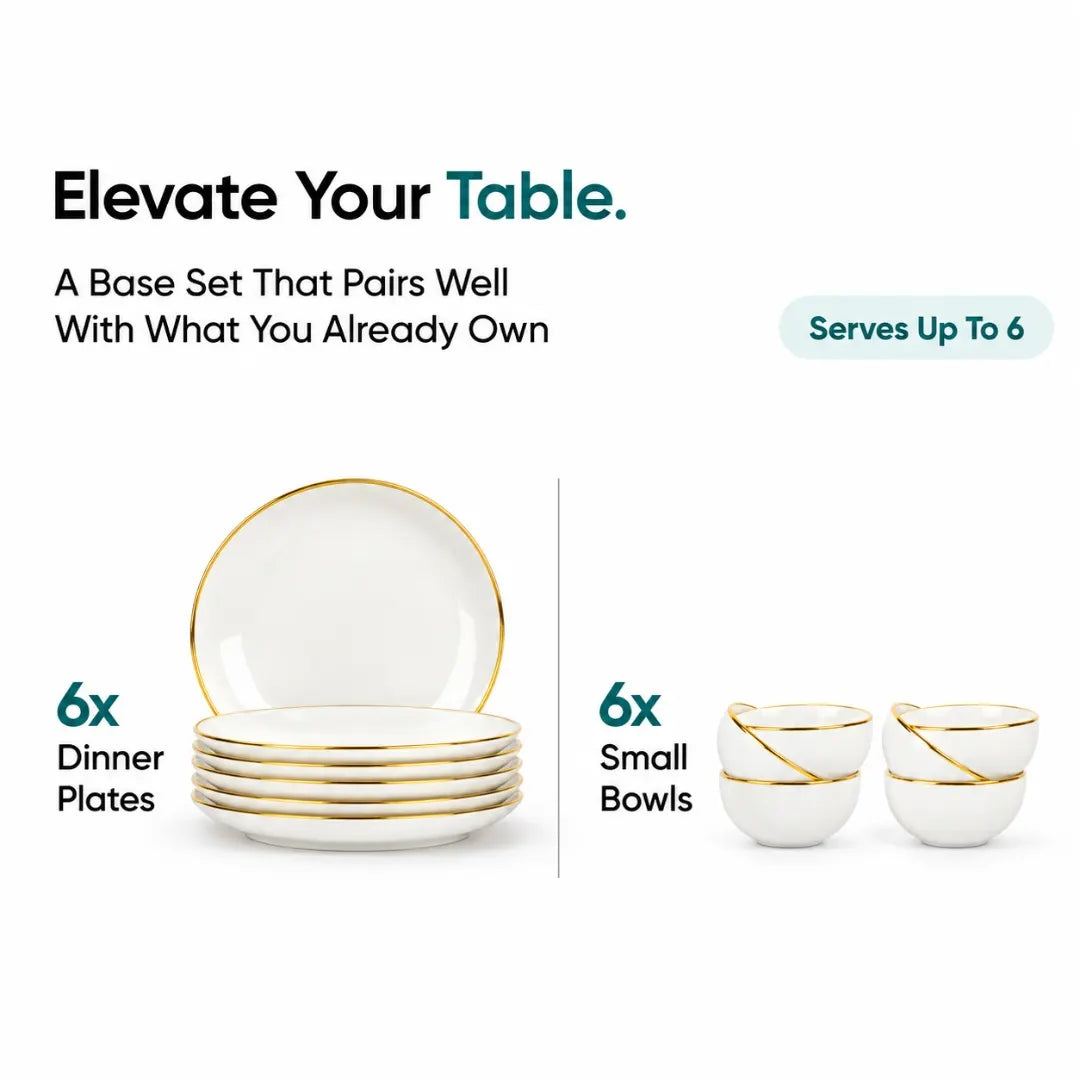 White Gold Ceramic Dinner Set – 12 Pieces | Gold Line Collection