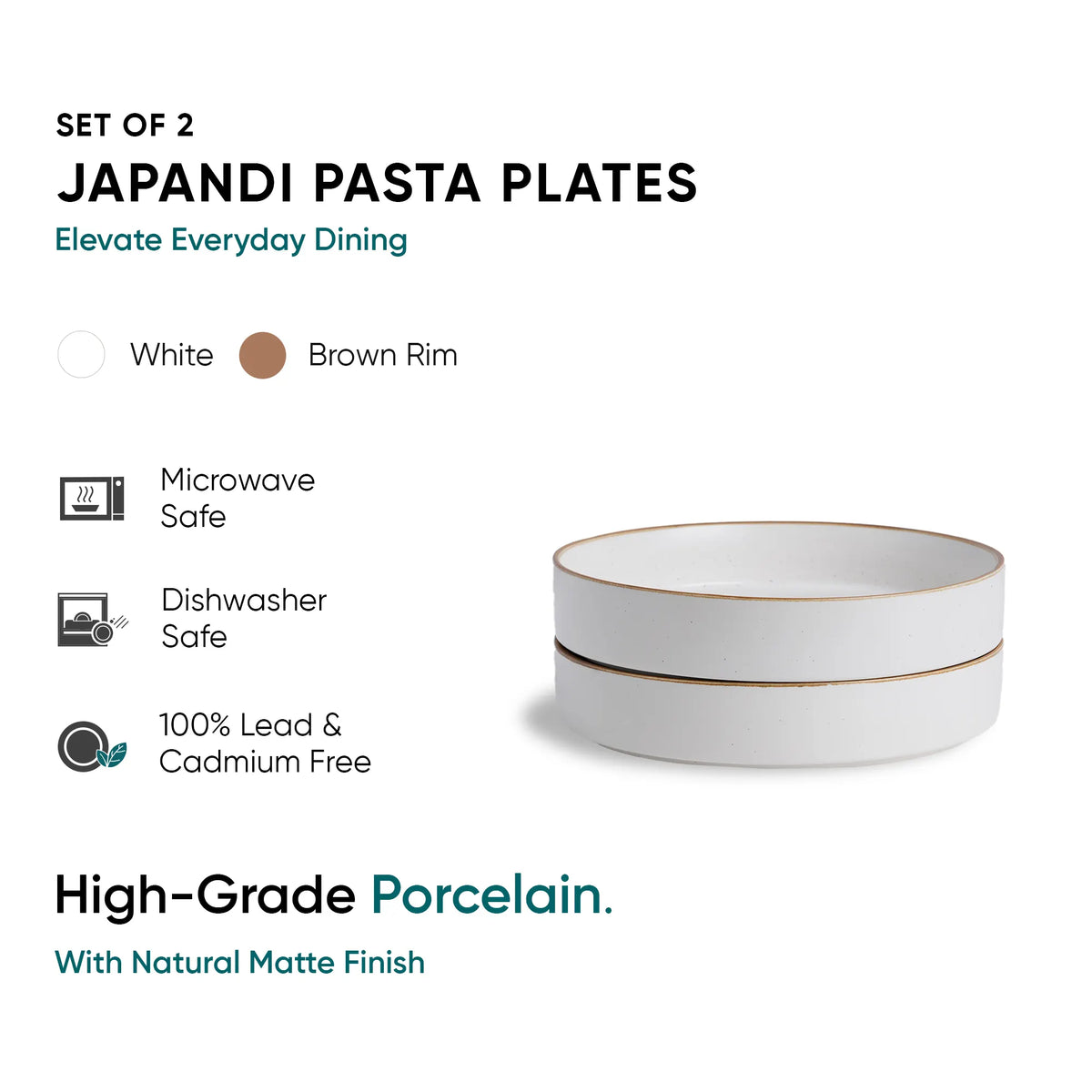 Set of 2 Japandi pasta plates with brown rim on a white background