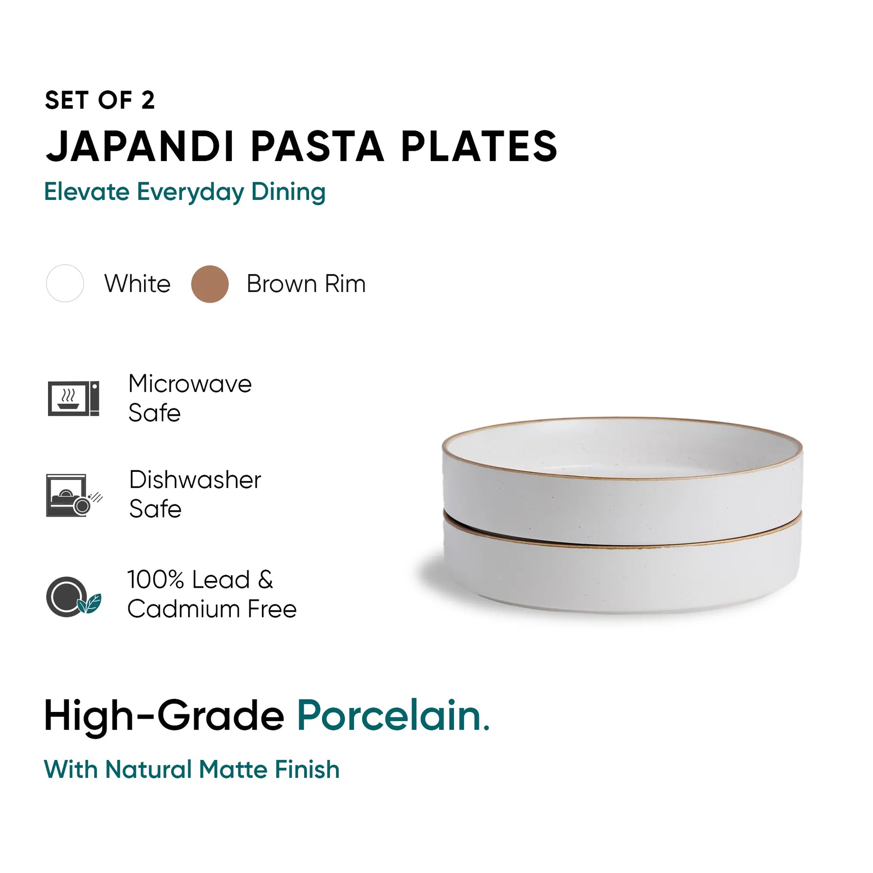 Set of 2 Japandi pasta plates with brown rim on a white background