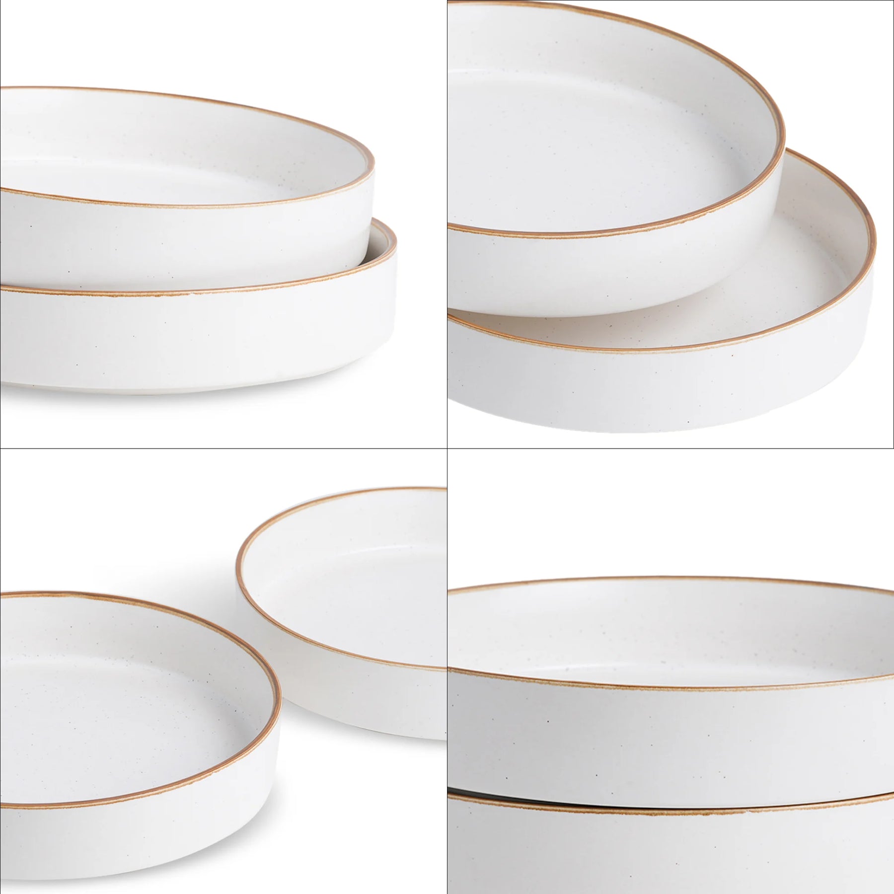 Set of white plates with gold rims arranged in a grid on a white background