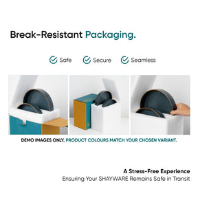 Advertisement for break-resistant packaging with images of products in boxes.