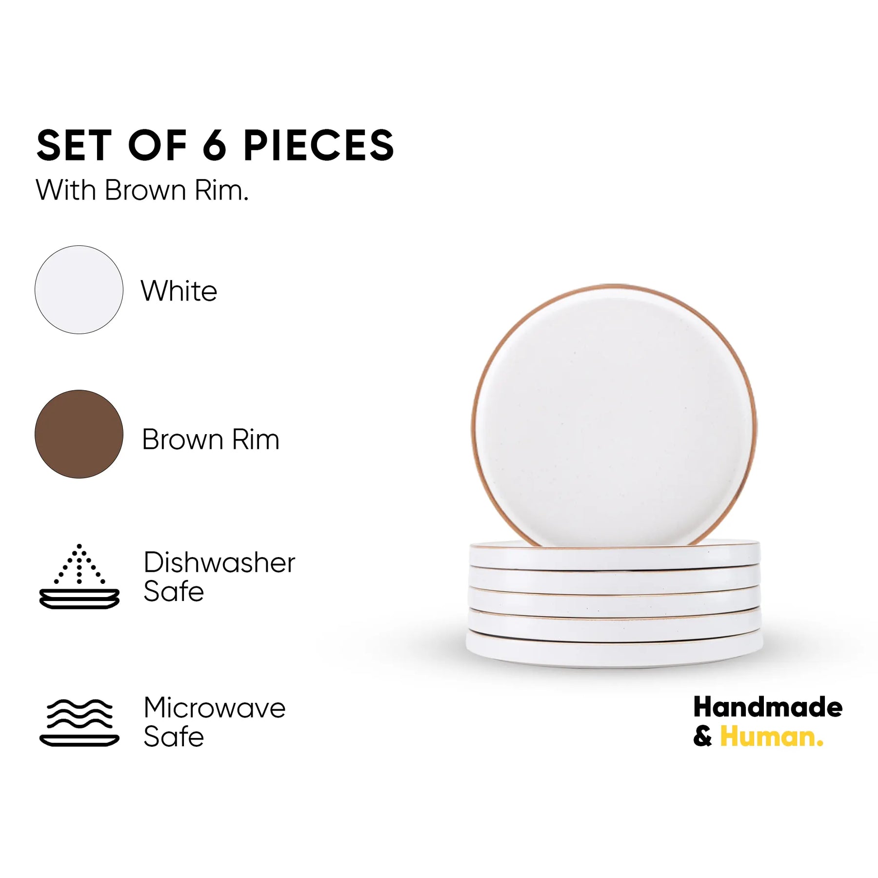 Set of 6 white plates with brown rim on a white background, featuring text about material and safety.