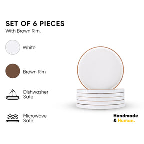 Set of 6 white plates with brown rim on a white background, featuring text about material and safety.
