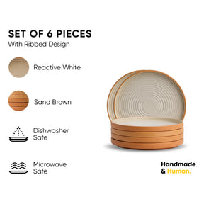 Set of 6 ceramic bowls with ribbed design, shown with color options and safety features on a white background.