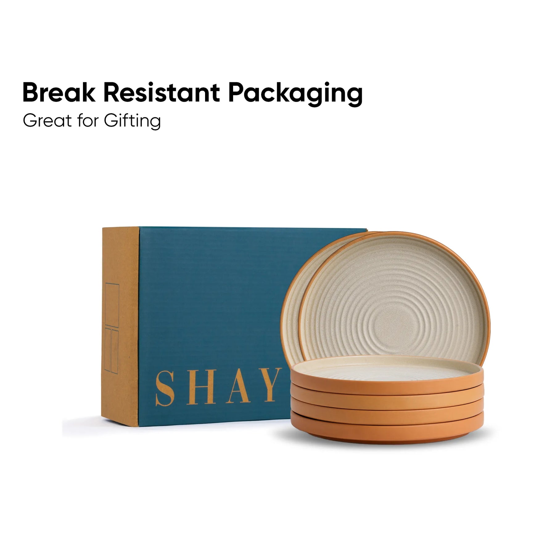 Ceramic bowls with 'SHAY' branding on a blue box, text 'Break Resistant Packaging Great for Gifting'.
