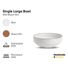 White bowl with brown rim on a white background, featuring product details and branding.