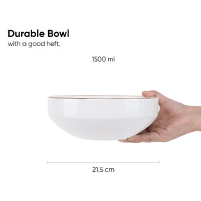 White bowl held by a hand with text indicating durability and capacity, on a white background.