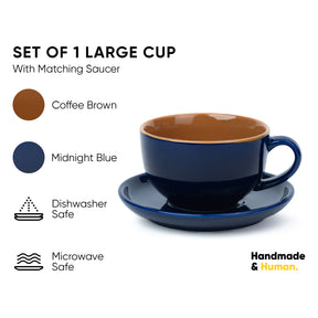 Large Ceramic Coffee Cup Saucer Set, Midnight Blue, 320ml | XL Cuppa Collection | Glossy Finish