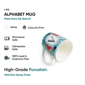 Alphabet mug with colorful print on a white background