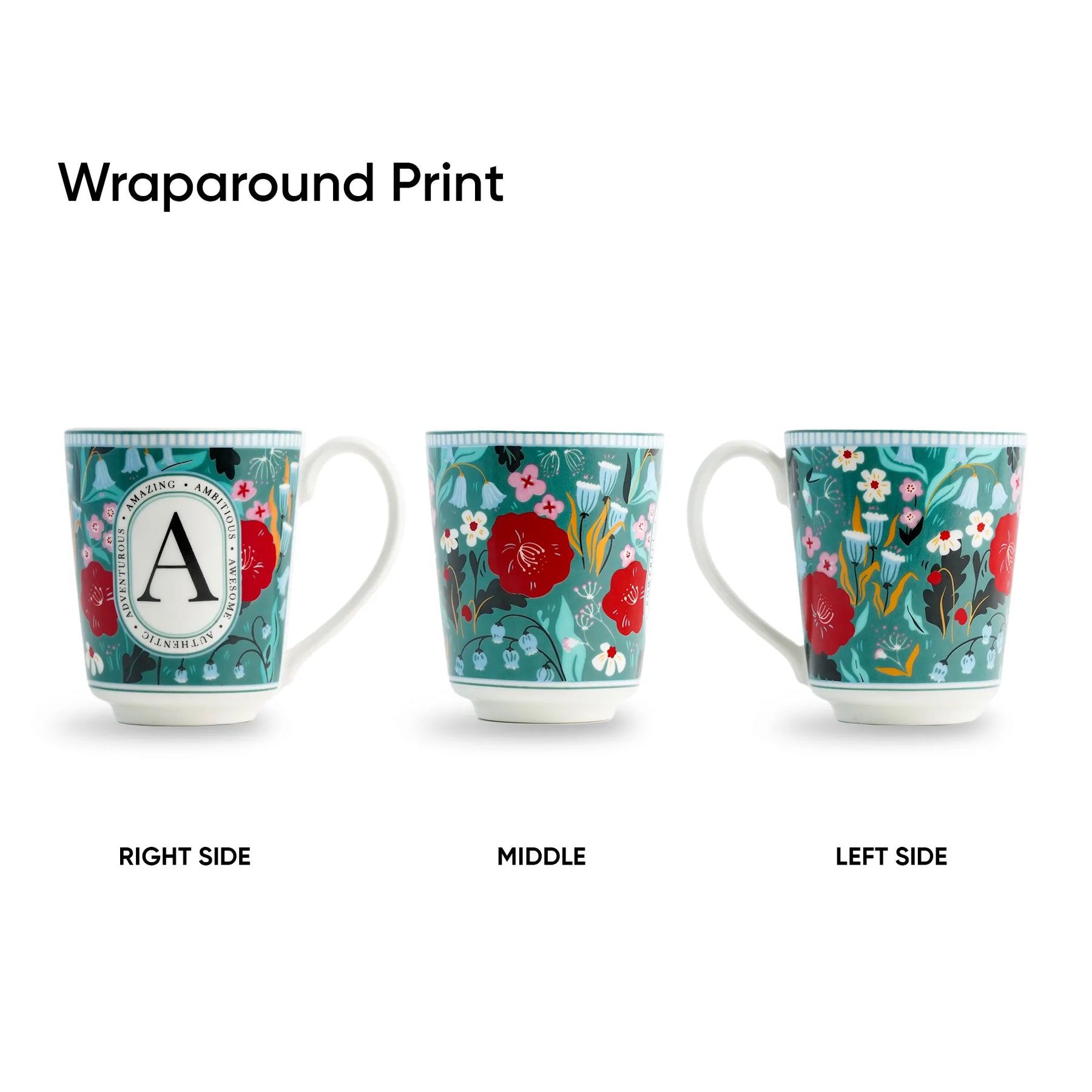 Three mugs with floral wraparound prints on a white background
