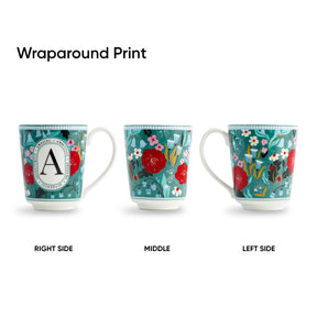 Three mugs with floral wraparound prints on a white background