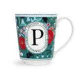 Mug with floral design and letter 'P' on a white background
