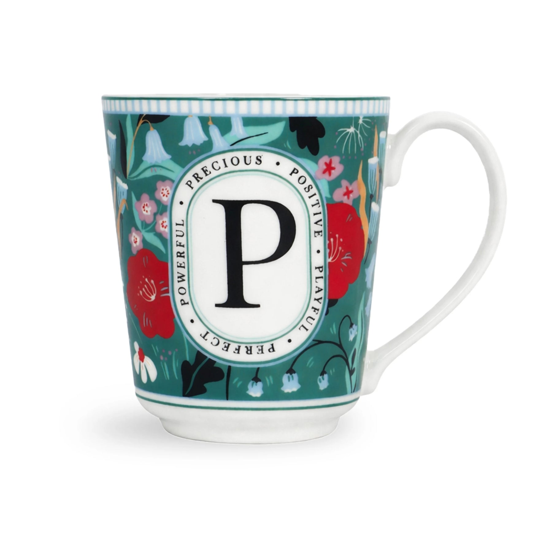 Mug with floral design and letter 'P' on a white background