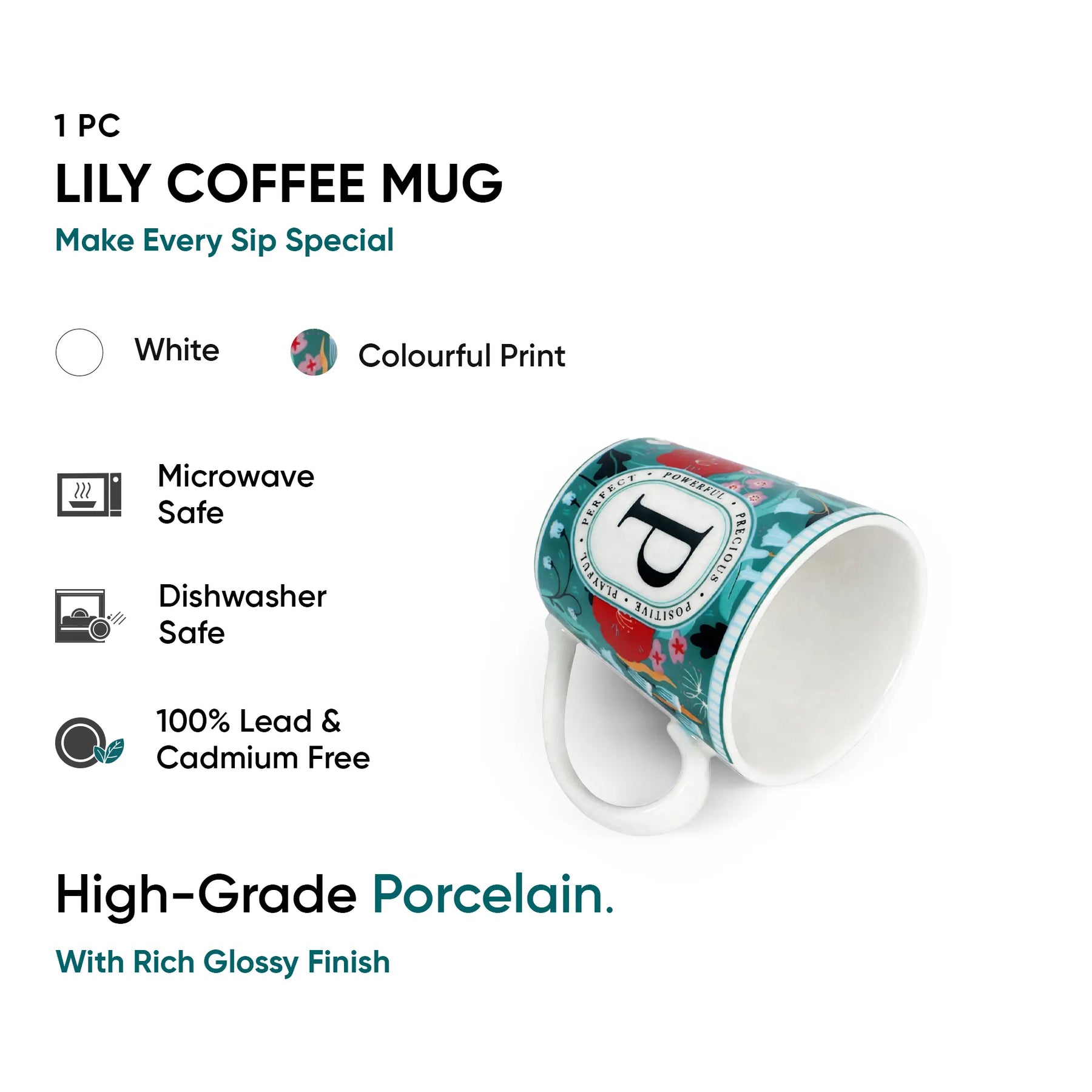 Lily coffee mug with colorful print on a white background
