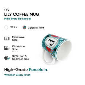 Lily coffee mug with colorful print on a white background