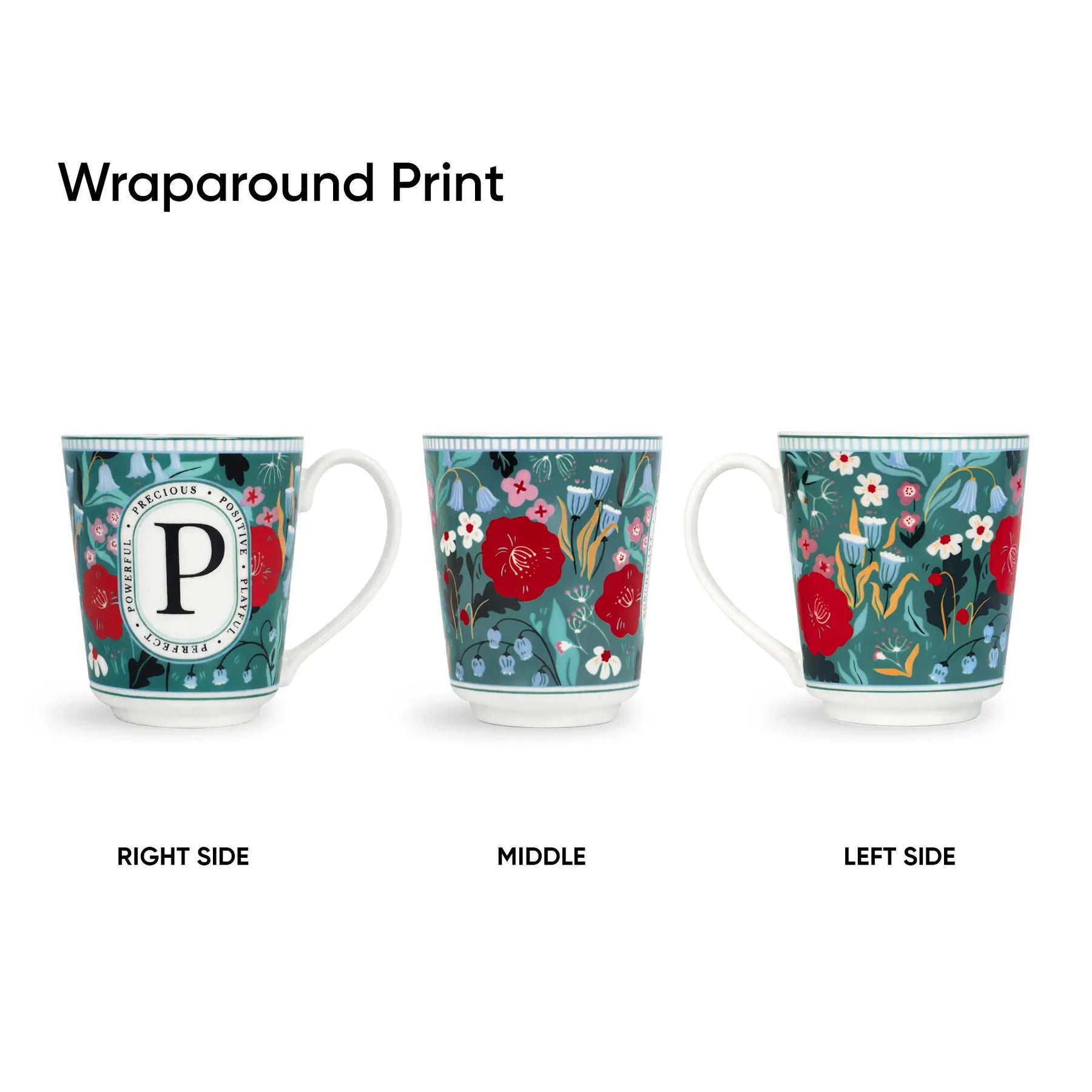 Three mugs with wraparound floral and letter P design on a white background