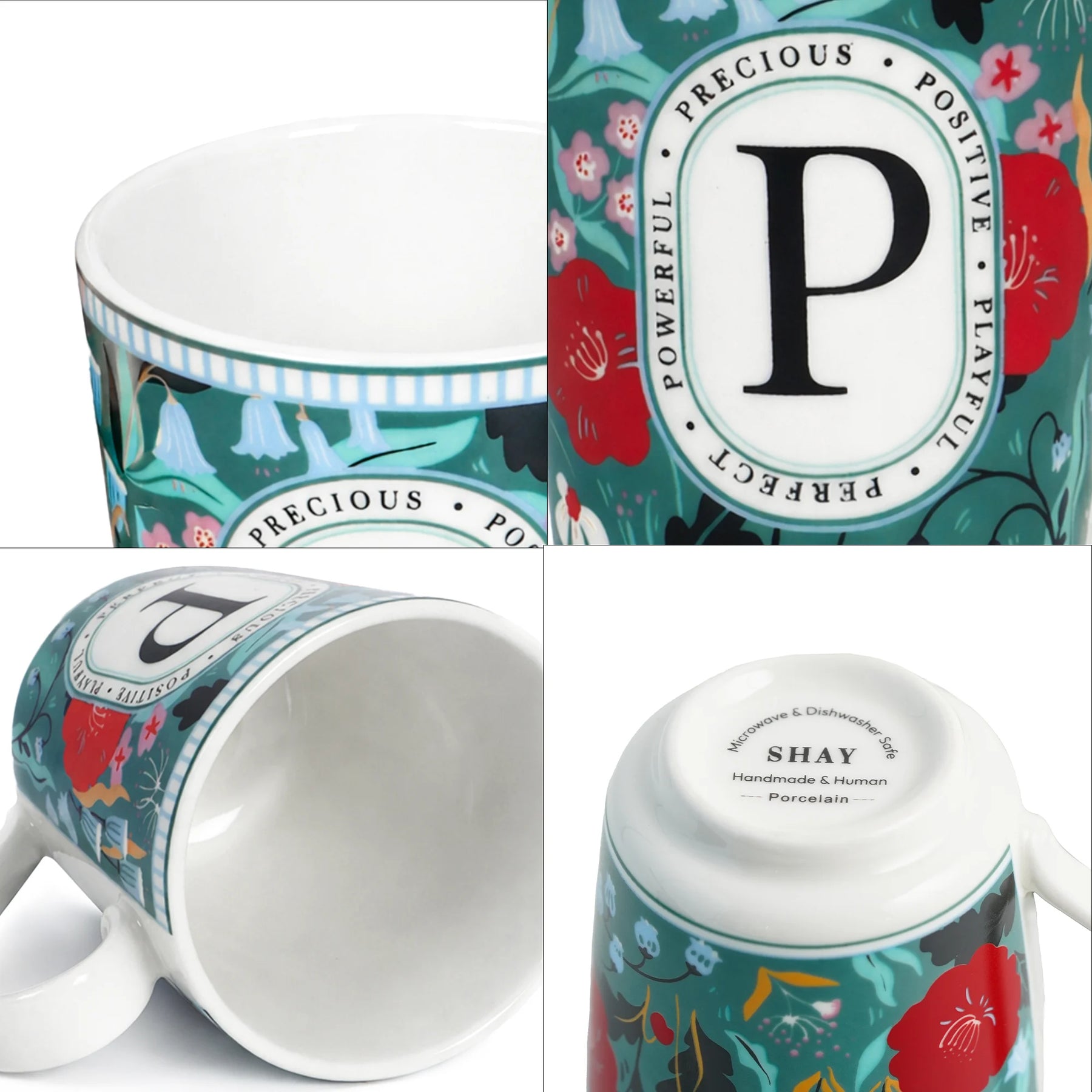 Decorative mug with floral design and text on a white background