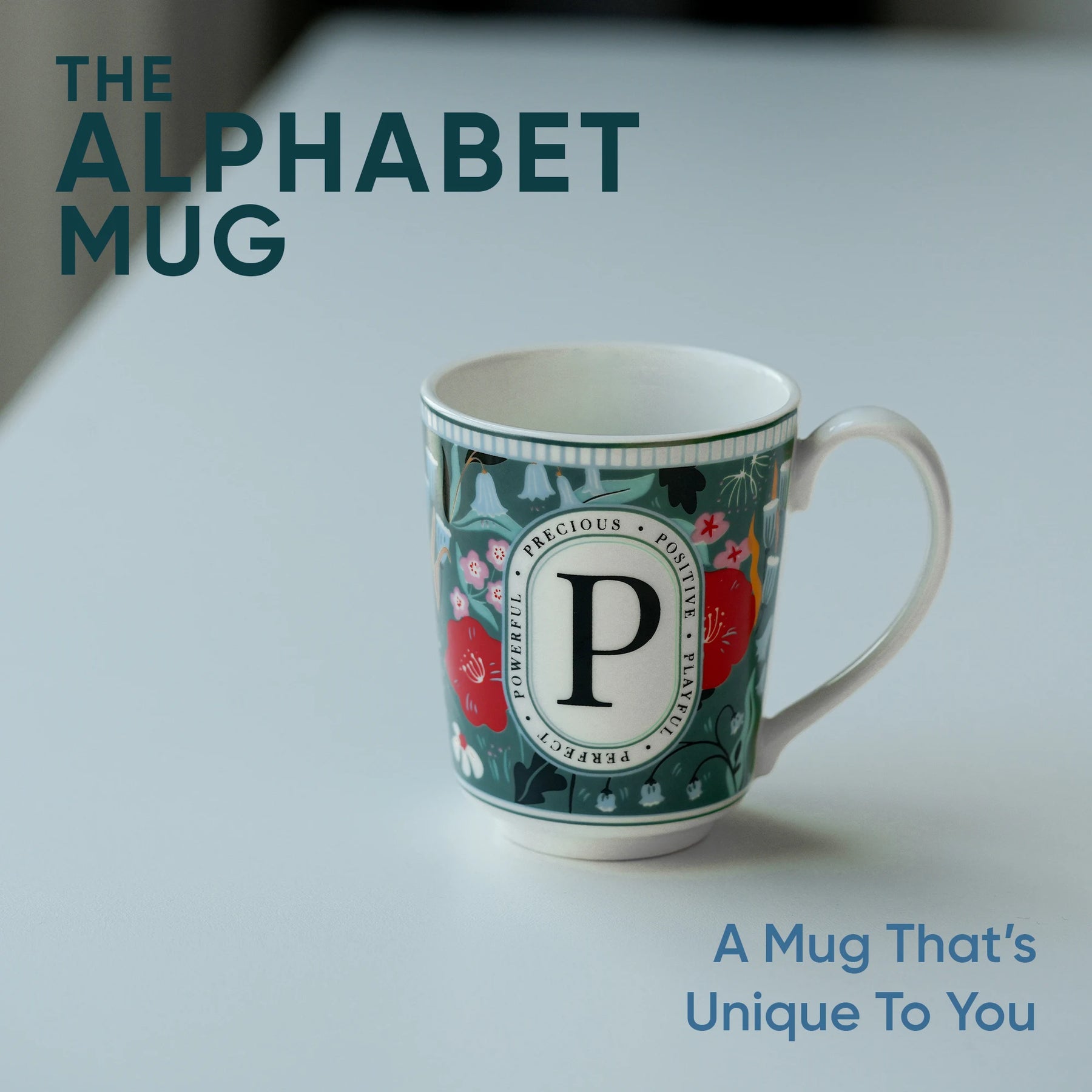 Mug with letter 'P' design on a light background, featuring text about the Alphabet Mug.