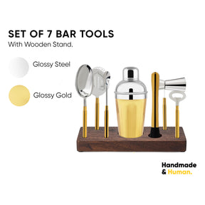 Bar Tool Set with Wooden Stand- 8-Piece, Bartender Kit : Shaker, Spoon, Jigger, Muddler, Strainer, Bottle Opener, Ice Scoop (Bar Tool Set)