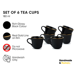 Ceramic Tea Cup Set of 6, 180 ml, Real Gold Line