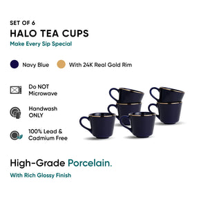 Ceramic Tea Cup Set | Blue with Real Gold Line | 180ml | Set of 6 | Gold Line Collection