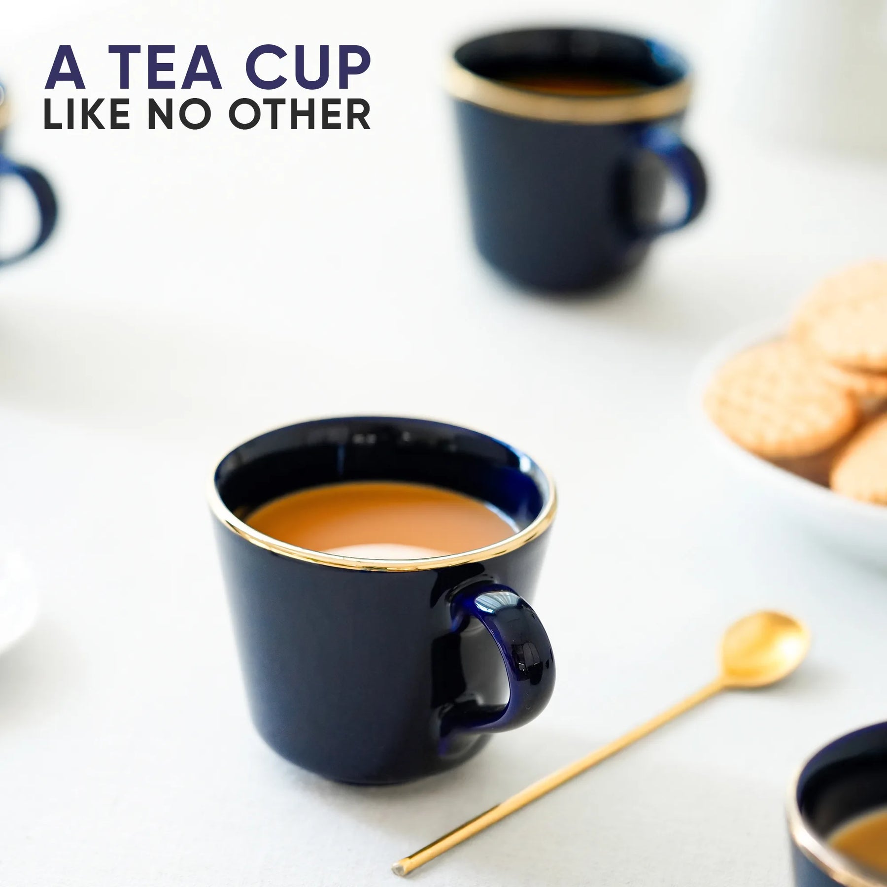 Ceramic Tea Cup Set | Blue with Real Gold Line | 180ml | Set of 6 | Gold Line Collection