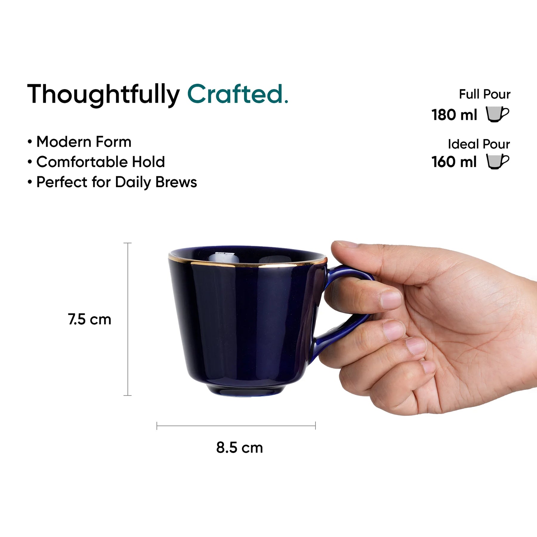Ceramic Tea Cup Set | Blue with Real Gold Line | 180ml | Set of 6 | Gold Line Collection